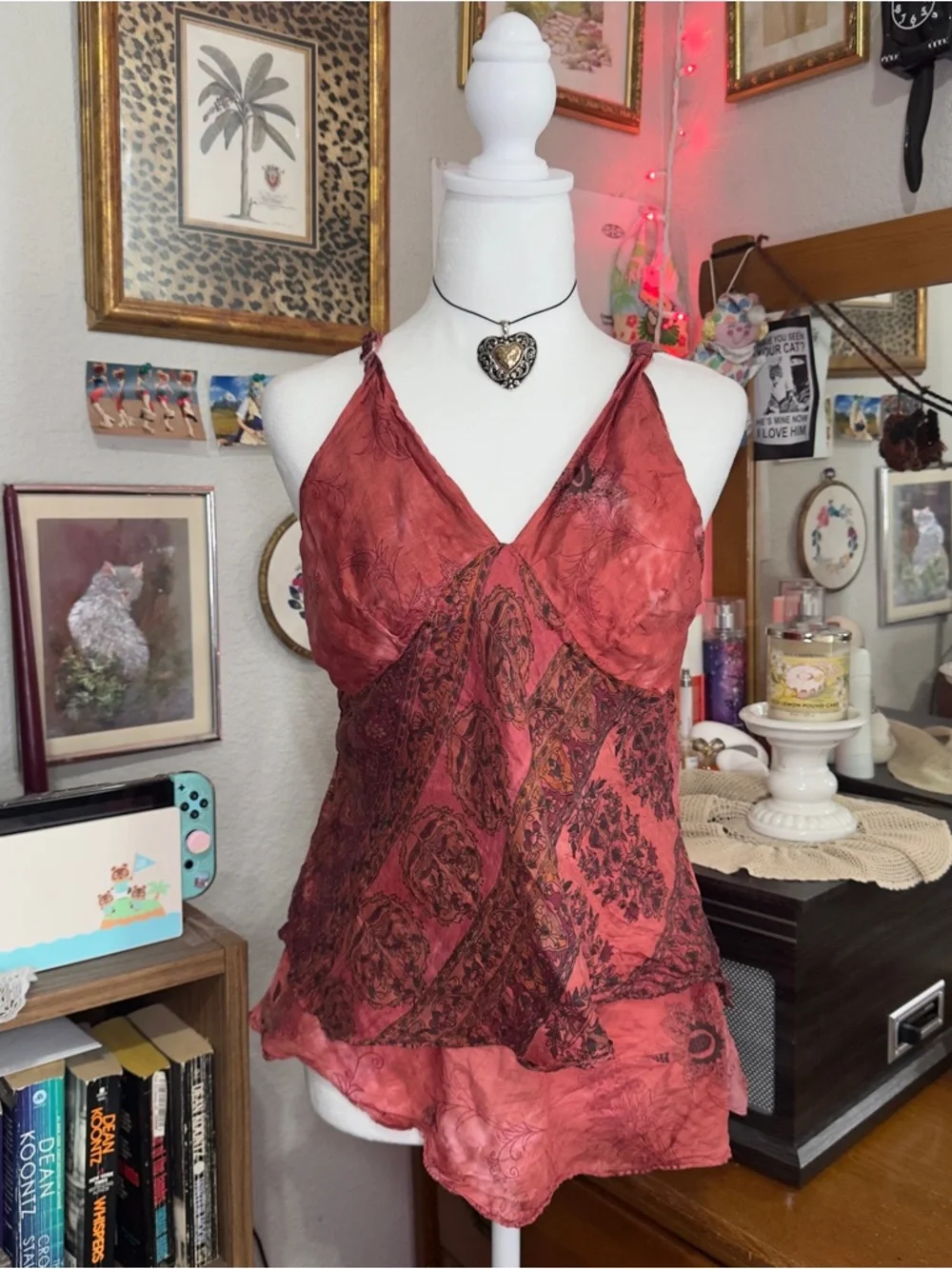 Y2K Red Paisley Silk Cami Top - Picture 3 of 9
